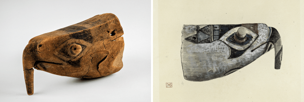 Sea-turtle carved figurehead (left). Wells Sawyer watercolor 1896 (right)